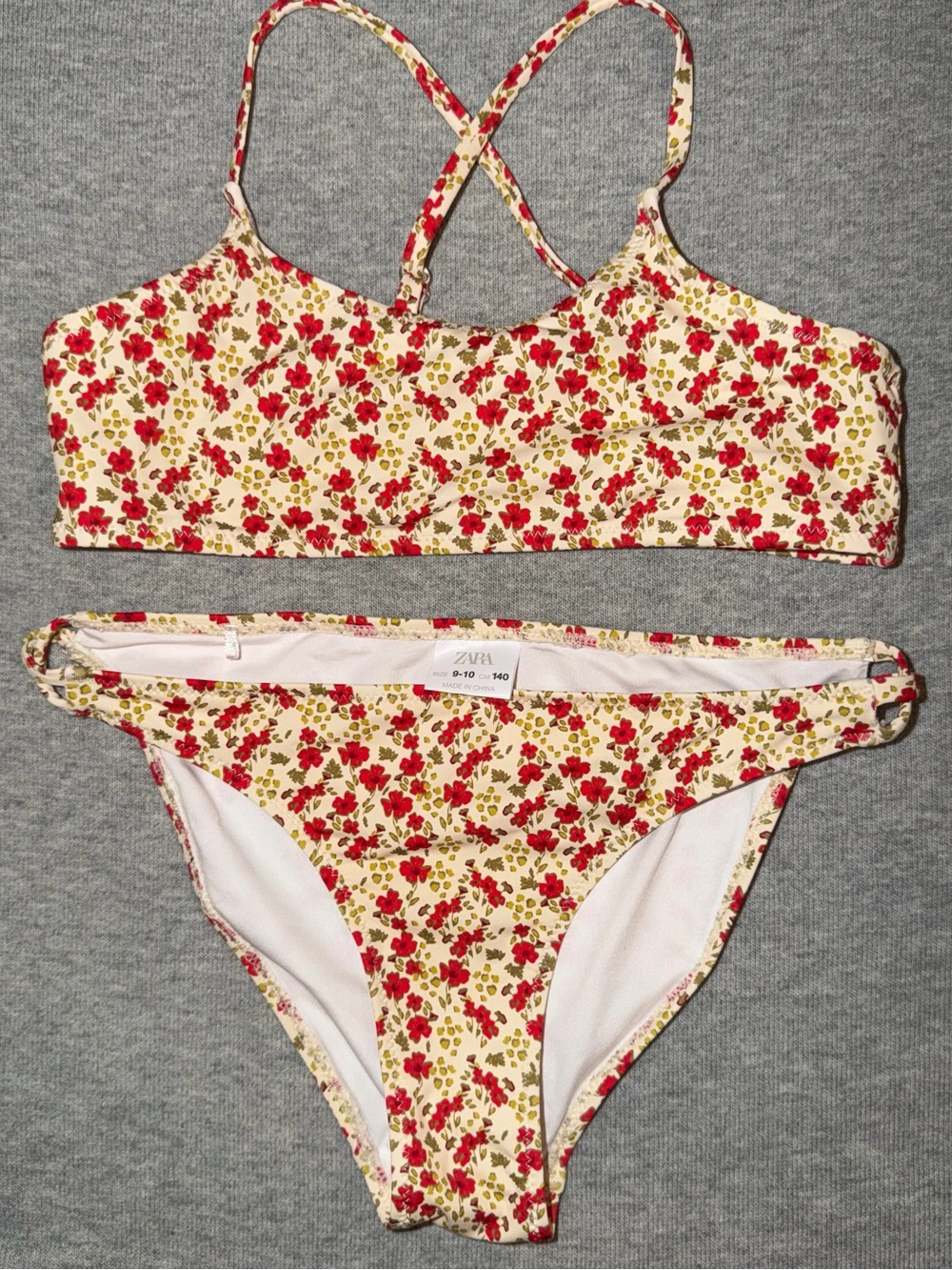 Zara Girls Floral Two-Piece Bikini - Cream with Red Floral Print